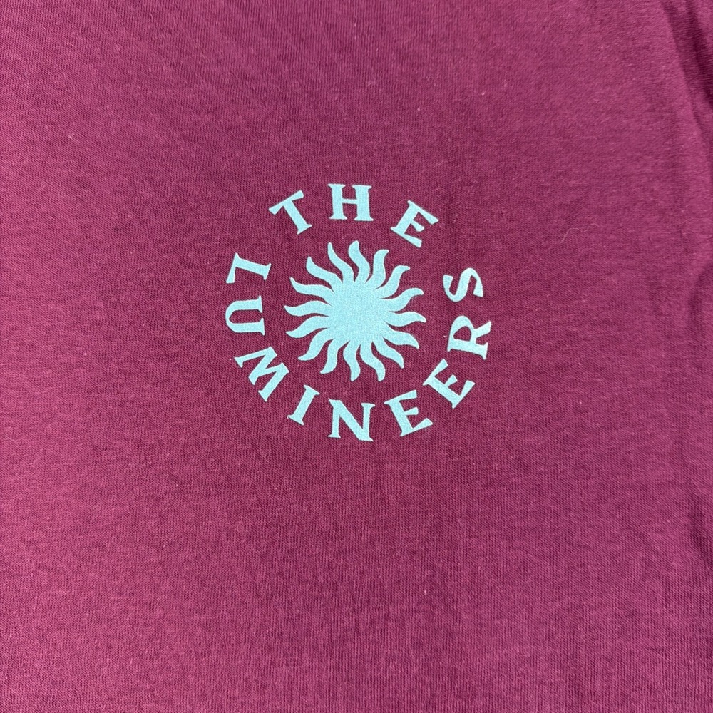 burgundy The Lumineers event t-shirt featuring a small circular logo Large